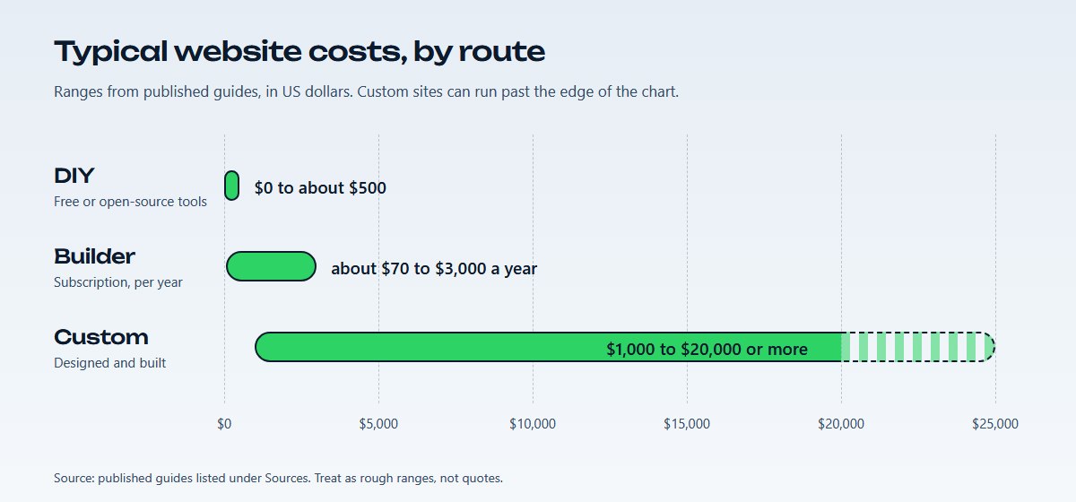 Typical website cost ranges by how the site is built, based on published guides
